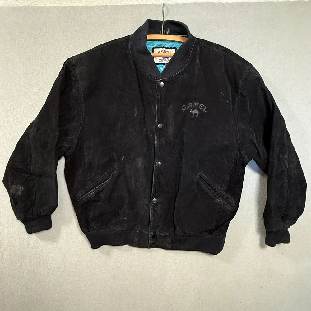 Vintage 90s‎ Camel Black Suede Leather Bomber Jacket Men XL